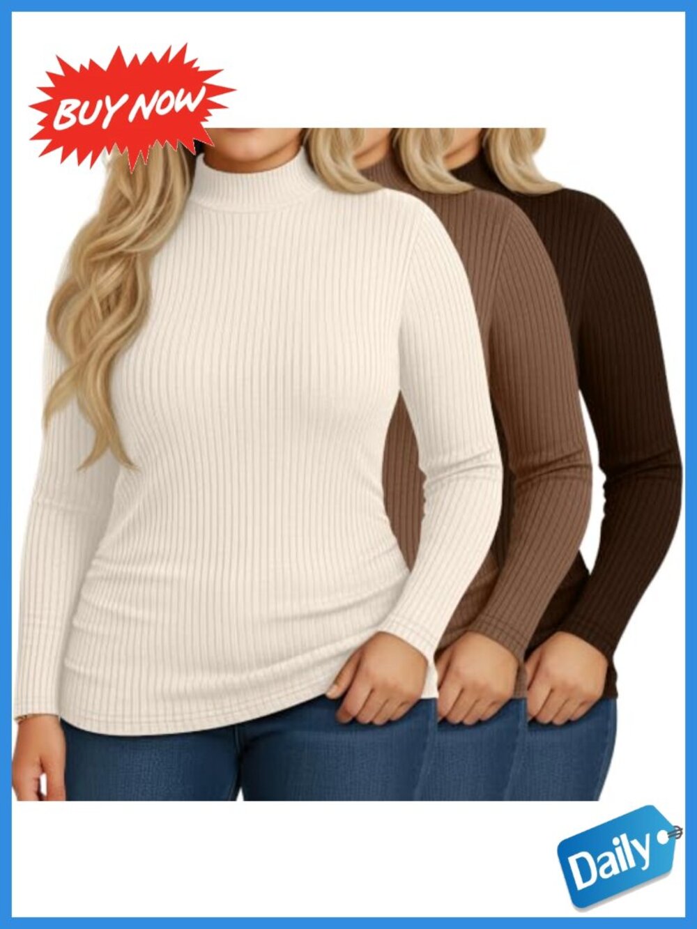 Plus Size Ribbed Turtleneck Top Mock Neck Thermal Base Layer 3 Pack